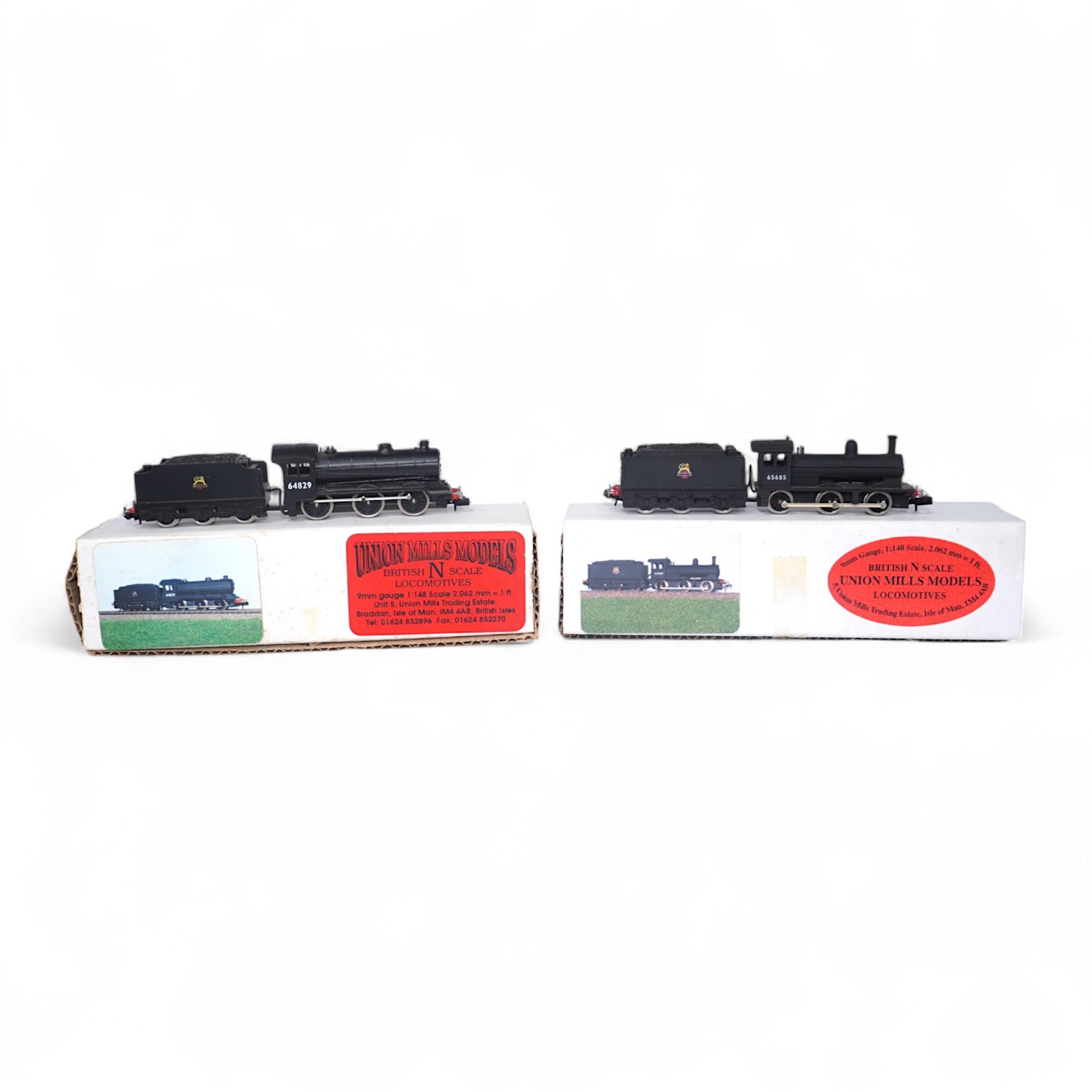 Two boxed Union Mills Models N gauge railway BR locomotives; a Class J39, 64829, and a Class J25, 65685. Condition - good.
